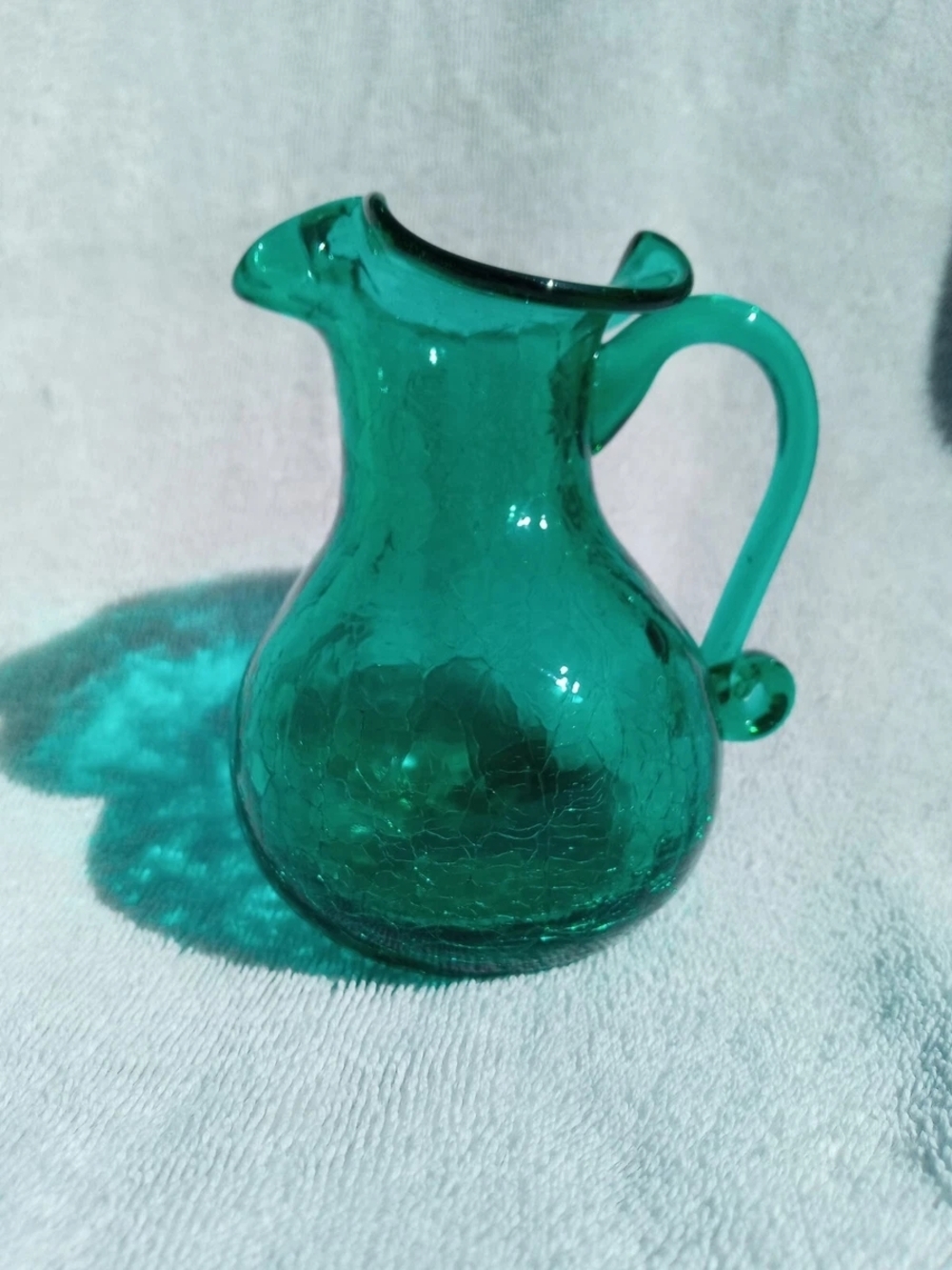 Vintage 5" Tall Emerald Green Blenko Crackle Glass Pitcher